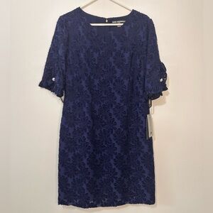 Karl Lagerfeld Paris Women’s Ruffle Pearl Trim Crepe Dress Canal Blue Size 12